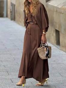 SHEIN Clasi Women's Elegant Autumn Shirt Dress 2 Pieces Set,Coffee Brown Vintage French Style Outfit,Teacher Outfits,Fall Clothes,Brunch Country Suit - Mocha Brown - View 11