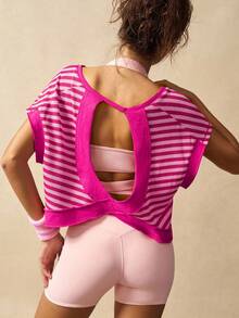 VARSIVA Women Striped Fashion Sports T-Shirt & Tank Top, Gym Top Suitable For Summer Pink Gym Top Open Back Activewear Top Workout Top Open Back Open Back Workout Top Open Back Athletic Top - Multicolor - View 5