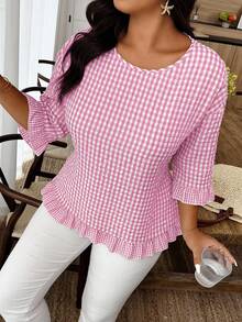 Weeklong Plus Size Women Plaid Round Neck 3/4 Sleeve Loose Casual Shirt