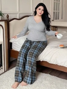 Dazy Plus Ensemble pyjama avec Top à manches longues col V couleur unie et pantalon à carreaux, vêtements d'automne et d'hiver, tenue confortable - Gris pâle - Voir 6