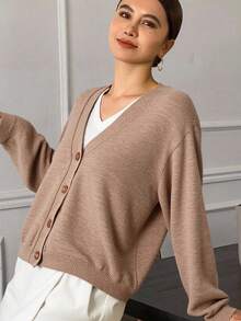 DAZY Women's Casual V-Neck Cardigan, Solid Color, Autumn Long Sleeve Tops - Khaki - View 4