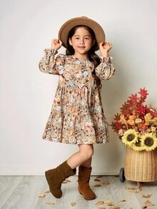 SHEIN 年轻女孩双胞胎女孩青少年年轻女孩复古碎花圆领连衣裙，春秋，秋冬，泡泡袖荷叶边下摆连衣裙，法式花卉，仙女裙，田园风，秋冬，青少年女孩碎花印花荷叶边袖荷叶边下摆连衣裙。宽松休闲圆领长袖荷叶边下摆中长连衣裙，可爱动物图案，适合度假和学校日常装扮，姐妹装，母女和姐妹搭配。假日，度假。 - 棕色 - 查看 6