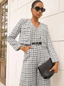 Aveloria Modichic Chaqueta de tweed a cuadros con decoración de botones de perla, combinada con un conjunto de traje clásico largo para mujer