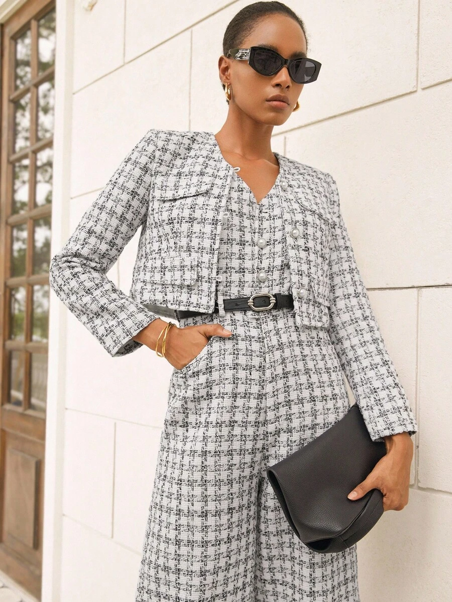 Aveloria Modichic Chaqueta de tweed a cuadros con decoración de botones de perla, combinada con un conjunto de traje clásico largo para mujer