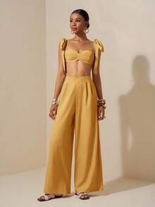 Zivah Beach New Spring And Summer Casual Holiday Bowknot Shoulder Straps Chest-Wrapped Heart Collar Cropped Top + Wide-Leg Super Trousers Apricot Women's Two Pieces Se,Textured Fabric Material