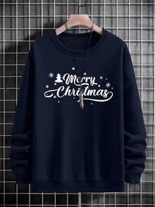 SHEIN Cottnline Cotton Men 1pc Christmas Print Drop Shoulder Sweatshirt - Navy Blue - View 3