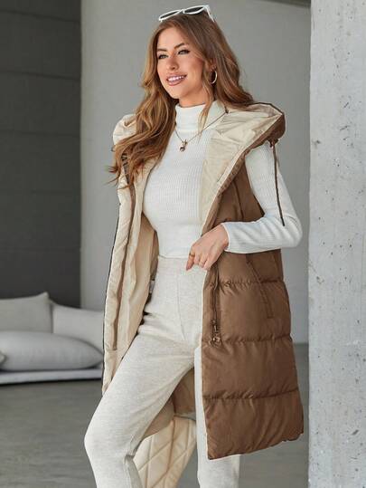 RueChic Women's Solid Color Zipper Hooded Padded Vest Coat, Mid-Length