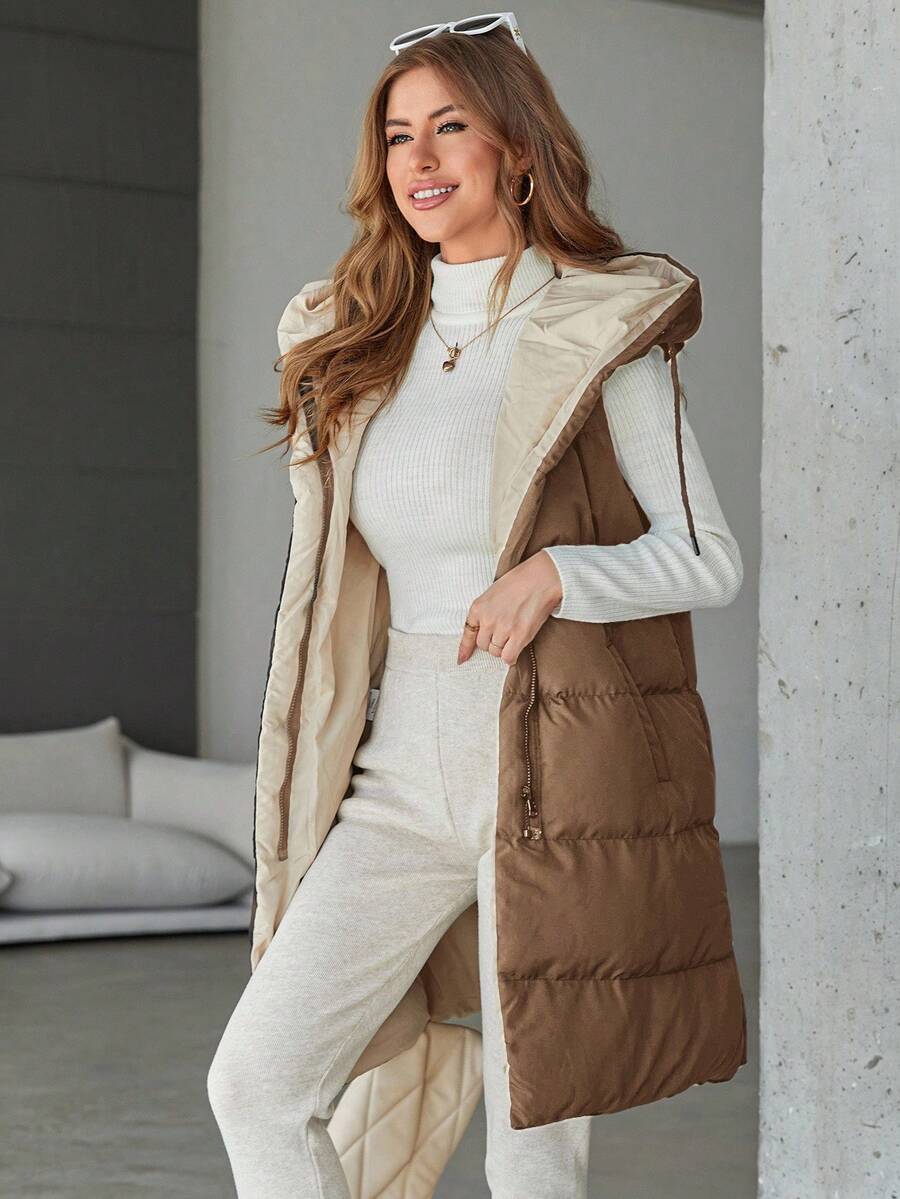 SHEIN Cottnline 女款純色拉鍊連帽襯墊馬甲外套,中長款 - 棕色 - 查看 1