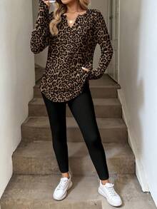 SHEIN LUNE Bộ 2 áo thun dài tay họa tiết da báo cổ điển dành cho nữ và quần legging, Thu/Đông - Nhiều màu - Xem 3