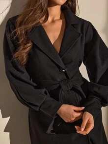 CLARA VERO Ballon Sleeve, Belted, Long Overcoat - Black - View 8