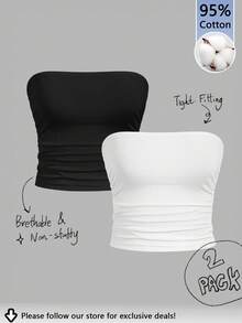 Tseoso 2pcs/Set Women's 95% Cotton Solid Color Simple Comfortable Ruched Camisole Tops - Multicolor - View 12