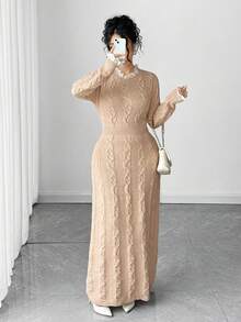 Elenzga Nuevo vestido de punto elegante con cuello redondo, puños con adorno floral y diseño de bajo texturizado para mujer de talla grande - Albaricoque - Ver 1