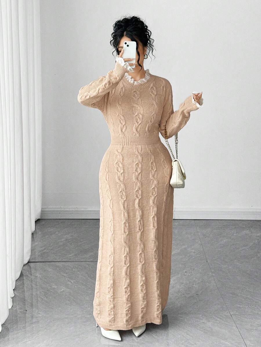 Elenzga Nuevo vestido de punto elegante con cuello redondo, puños con adorno floral y diseño de bajo texturizado para mujer de talla grande - Albaricoque - Ver 1