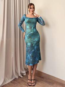 Aloruh Elegant Summer Mesh Printed Beach Vacation Dress - Multicolor - View 6