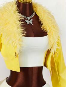 Y2K Amplova 女款卷毛翻领长袖皮草和皮革性感亮色飞行夹克，适合秋冬季派对和学校穿着 - 黃色 - 查看 4