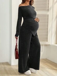 SHEIN Bộ 2 món đồ bà bầu thường ngày/công sở màu trơn không đối xứng áo và quần - Màu xám đen - Xem 4