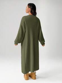 SHEIN PETITE Women's Warm Cardigan For Outings In Autumn And Winter - Army Green - View 2