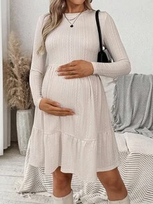 SHEIN Maternity Autumn Clothes White Solid Color Round Neck Long Sleeve Ruffle Hem Casual Dress Pregnancy Bump Friendly Photoshoot Beige Fall Clothes - Apricot - View 5