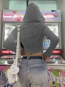 SHEIN EZwear 1 件女士花卉图案灰色紧身短款拉链连帽衫运动衫，适合秋冬季 - 淺灰色 - 查看 2