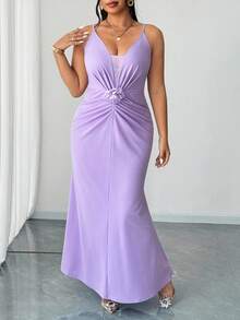 Elenzga Plus Size Women's Elegant Romantic Party Sleeveless Cinched Waist 3D Floral Decor V-Neck Maxi Dress - Purple - View 6