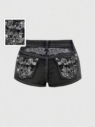 ROMWE Avant Women's Y2K Retro Wing Skull Embroidery Low Waist Ultra-Short Denim Shorts