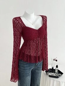 SHEIN Unity Women's Shirt,Burgundy,Summer,Elegant,Dinner Date,V-Neck,Bustier Design,Pleated Chest,Floral Collar Inset,Fitted Silhouette,Flared Cuffs,Long Sleeve - Hot Pink - View 6