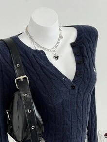 SHEIN Unity Women's Navy Blue Elegant Everyday Ribbed Knit Sweater Dress,Vintage Round Neck Button Front Long Sleeve Embroidered Bodycon Ruffle Hem Autumn Cloth - Royal Blue - View 4
