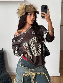 Coolane Women's Fall Streetwear Y2K Sport Leopard Print Number Graphic Football Long Sleeve V-Neck Jersey T-Shirt - Multicolor - View 3