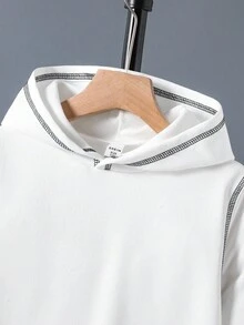 SHEIN Áo nỉ có mũ, phối sọc tương phản, túi, phong cách thường ngày cho bé trai tuổi teen, thích hợp cho mùa thu/đông. - trắng - Xem 4