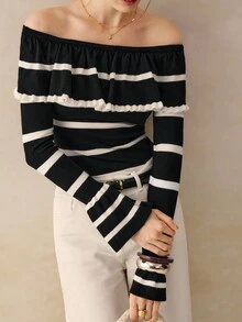 Cévolie 时尚露肩条纹长袖上衣