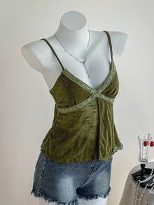 Comfortcana 女士优雅浪漫军绿色刺绣吊带背心