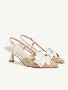 CUCCOO CHICEST Tacones de punta con decoración de flor de iris, tacón grueso, estilo vintage romántico, parte superior tejida de lino, piel sintética, adecuados para citas, fiestas, Navidad, San Valentín, Halloween