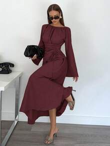 Siren Gaze Women's Brown Round Neck Bell Sleeve Waist Tie Elegant Dress, Back To School Outfit, Country Concert Outfit, Business Casual Women's Outfit, Women's Teacher Outfit, Women's Date Night Outfit, Birthday Outfit, Women's Brunch Outfit, Western Outfit, Business Casual Women's Outfit Siren Gaze New Women's Fashion Striped Ruched Waist Dress Brown Dress Winter Christmas Party Chic Red Evening Dress Burgundy - Burgundy - View 3