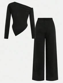 SHEIN 2pcs Tween Girls Casual Knit Asymmetric Collar T-Shirt And Wide Leg Pants Set, Suitable For Autumn/Winter, Daily Casual Wear Fall