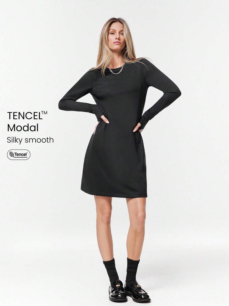 GLOWMODE Modal Midi Dress Side Invisible Pockets Built-In Thumbnail Casual Daily - Black - View 1