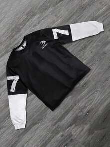 SHEIN Coolqubz Teen Boys' Letter Print Casual Loose Fit Crew Neck Long Sleeve Sweatshirt, Spring Autumn Chic Outfits For Autumn/Winter - Black - View 5