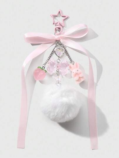 Kawaii 1pc Cute & Fashionable Resin Bow, Peach Flocked Rabbit, Star Pendant Keychain/Bag Charm, Versatile Accessory, Ideal Gift For Women