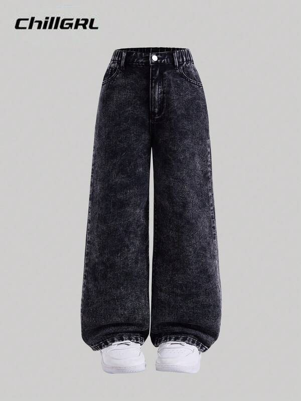 SHEIN Explorewe Jeans de pierna ancha y recta sueltos y casuales para niñas preadolescentes