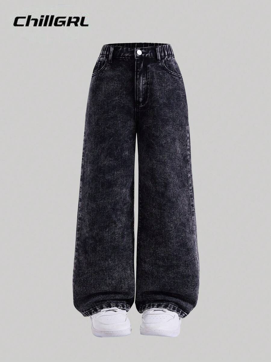 SHEIN Explorewe Jeans de pierna ancha y recta sueltos y casuales para niñas preadolescentes - Negro - Ver 1