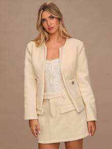 Enchnt 女式纯色长袖双口袋优雅经典夹克，秋冬 - 米色 - 查看 5