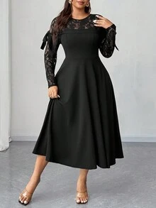 Elenzga Robe élégante à patchwork de dentelle et nœud pour grandes tailles - Noir - Voir 3