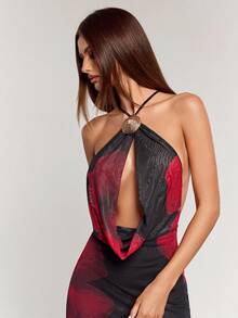 SHEIN BAE 女士时尚性感花卉印花低胸露背连衣裙 - 黑色 - 查看 3