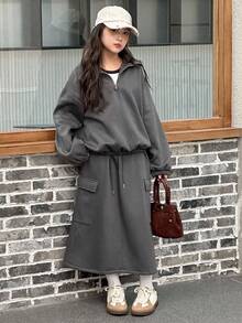 Dazy Kids 2 pezzi/Set Outfit autunnale per ragazze, Abito felpa cargo casual, Moda coreana 2 in 1 Top e Gonna lunga