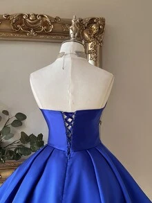 Lovelzi 优雅蓝色水钻短款A字系带露背抹胸连衣裙，适合婚礼、派对、约会、度假、舞会、婚礼宾客、派对礼服、情人节等场合。 - 藍色 - 查看 7