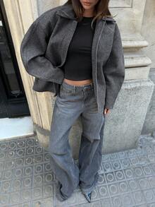 Aloruh 女款秋冬新款翻领拉链深灰色羊毛宽松常规外套 - 深灰色 - 查看 6