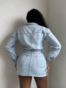 Alexandranx Đầm denim giản dị tay dài có túi đơn hàng khuy cho nữ - Màu xanh lam - Xem 2