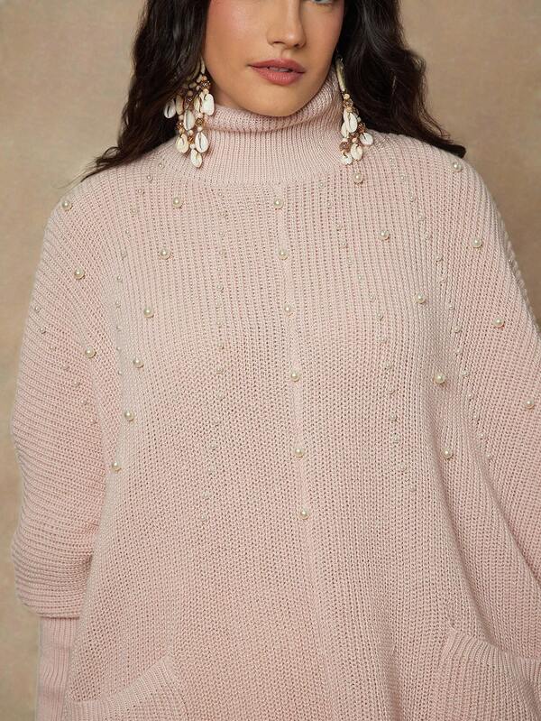 SHEIN VCAY Plus Size Elegant Pearl Embellished High Neck Batwing Sleeve Sweater, Autumn/Winter