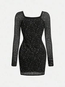 Teen Girls 2024 Fall & Winter Party Sequined Long Sleeve Dress - Black - View 2