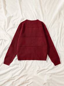 SHEIN EZwear 大码女式纯色休闲宽松圆领长袖毛衣 - 酒紅色 - 查看 2