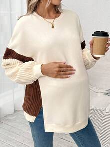SHEIN 孕妇拼色圆领落肩长袖羊毛衫，秋冬休闲装 - 白色 - 查看 4